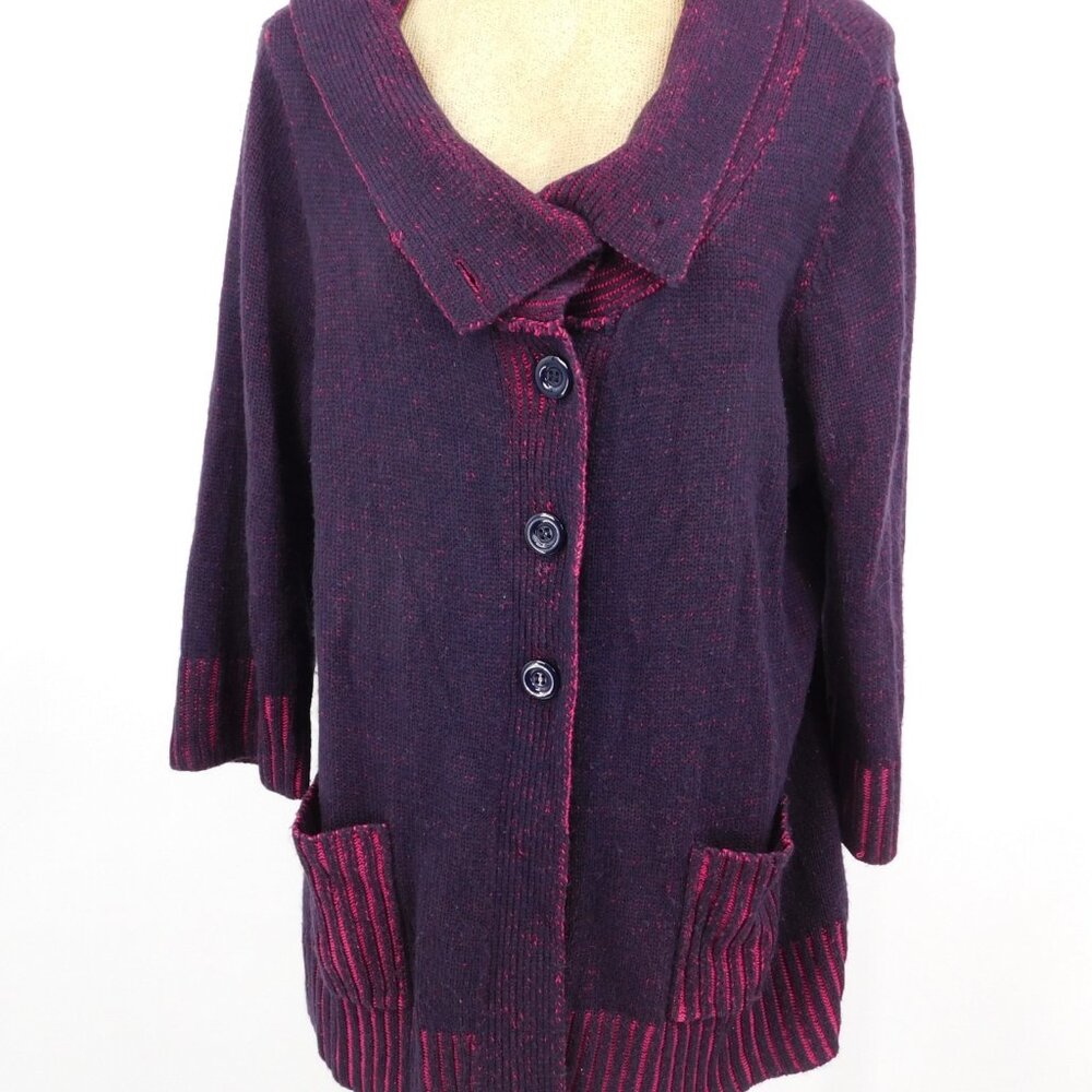 CJ Banks Sweater Women 1x Purple 3/4 Sleeve Cowl Neck Button Up Pockets Cozy